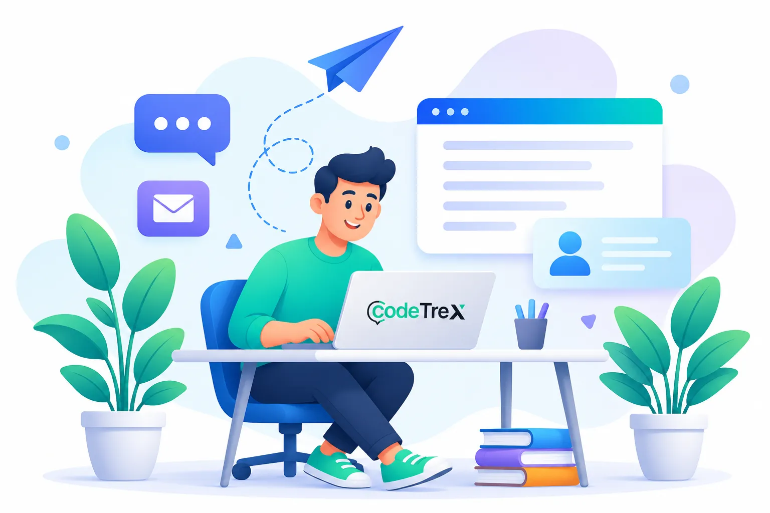 Codetrex developer working on a laptop next to a paper plane and messages