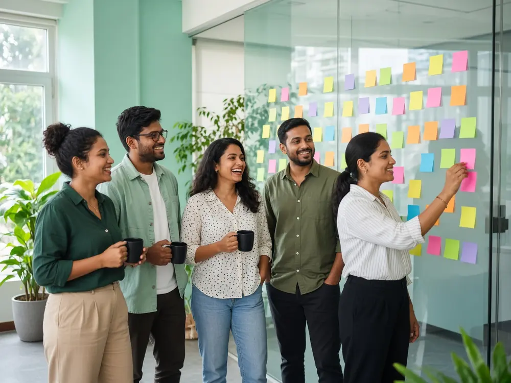 Team members laughing together during a sticky-note retrospective