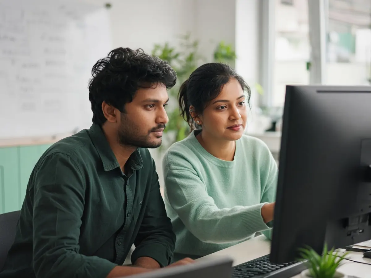 Two developers pair-programming at a desk