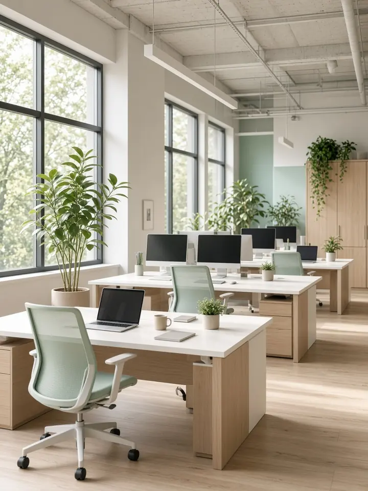 Bright open-plan office with desks and plants