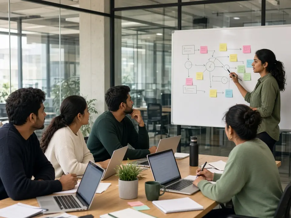 Team planning session at a whiteboard with sticky notes