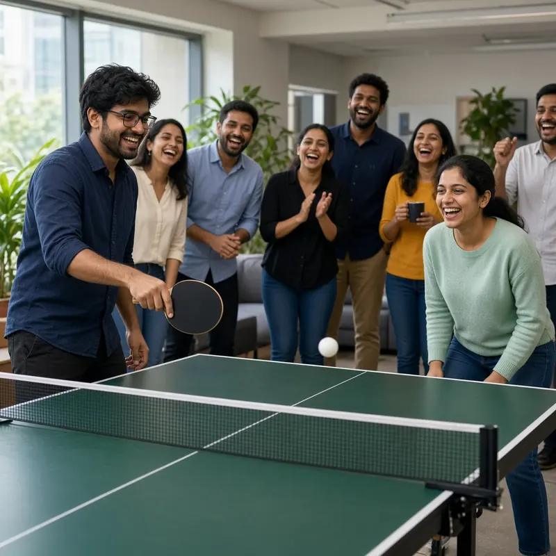 Colleagues cheering during a table tennis game