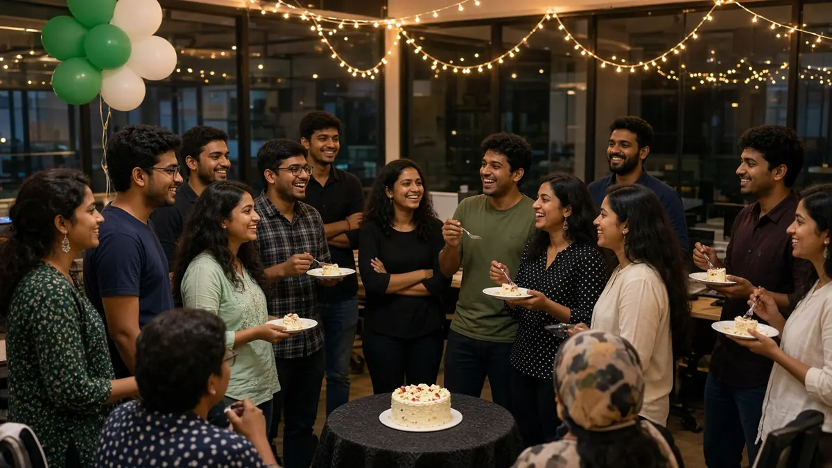 Team celebrating together with cake in the office