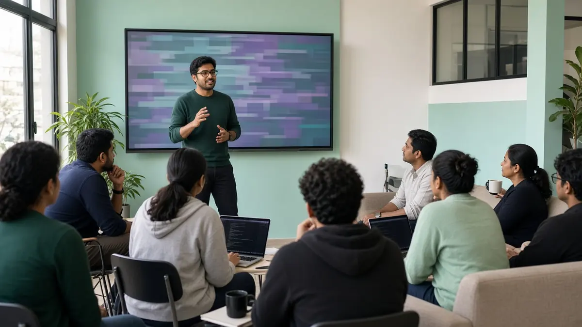 Knowledge-sharing session in front of a large screen