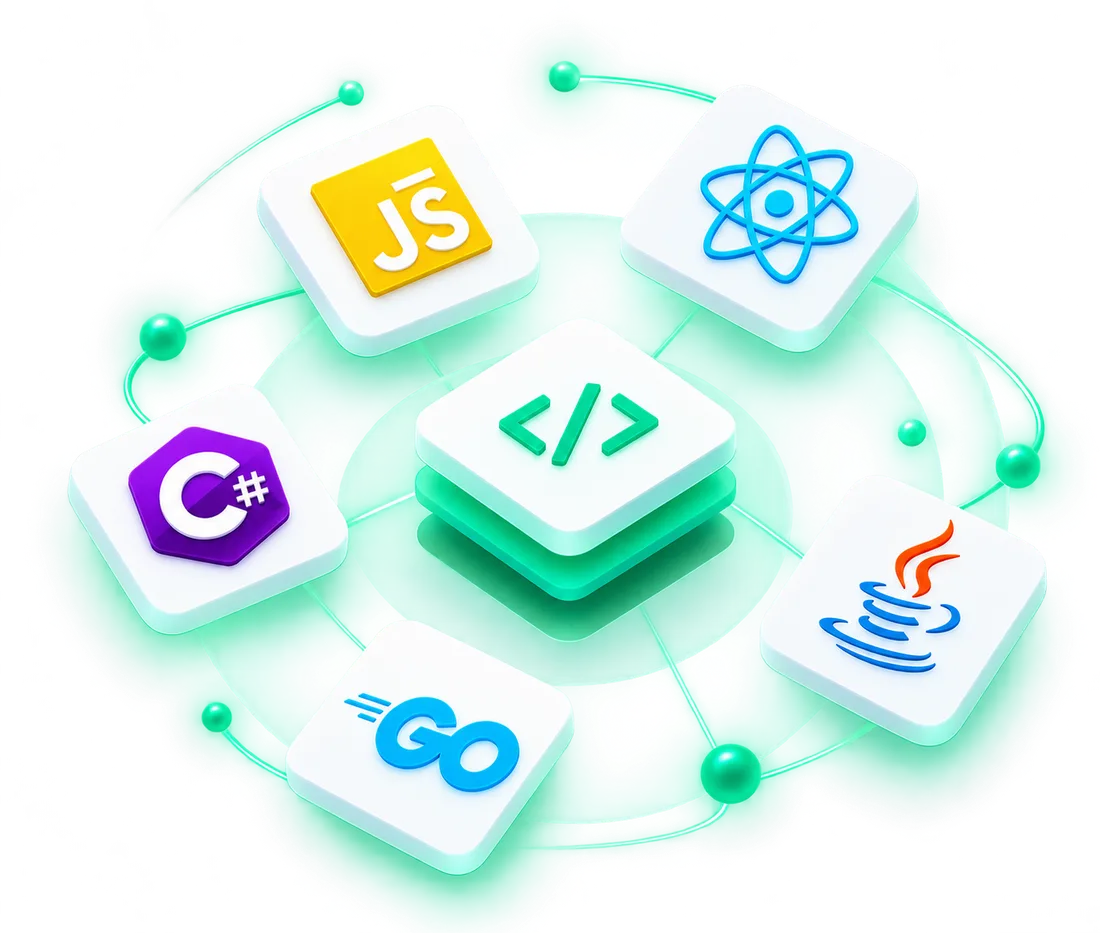 Technology stack illustration with JavaScript, React, C#, Java and Go