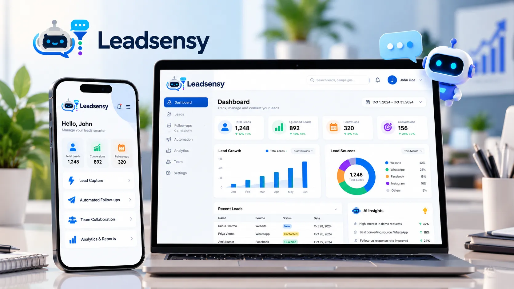 Leadsensy lead management dashboard on laptop and mobile