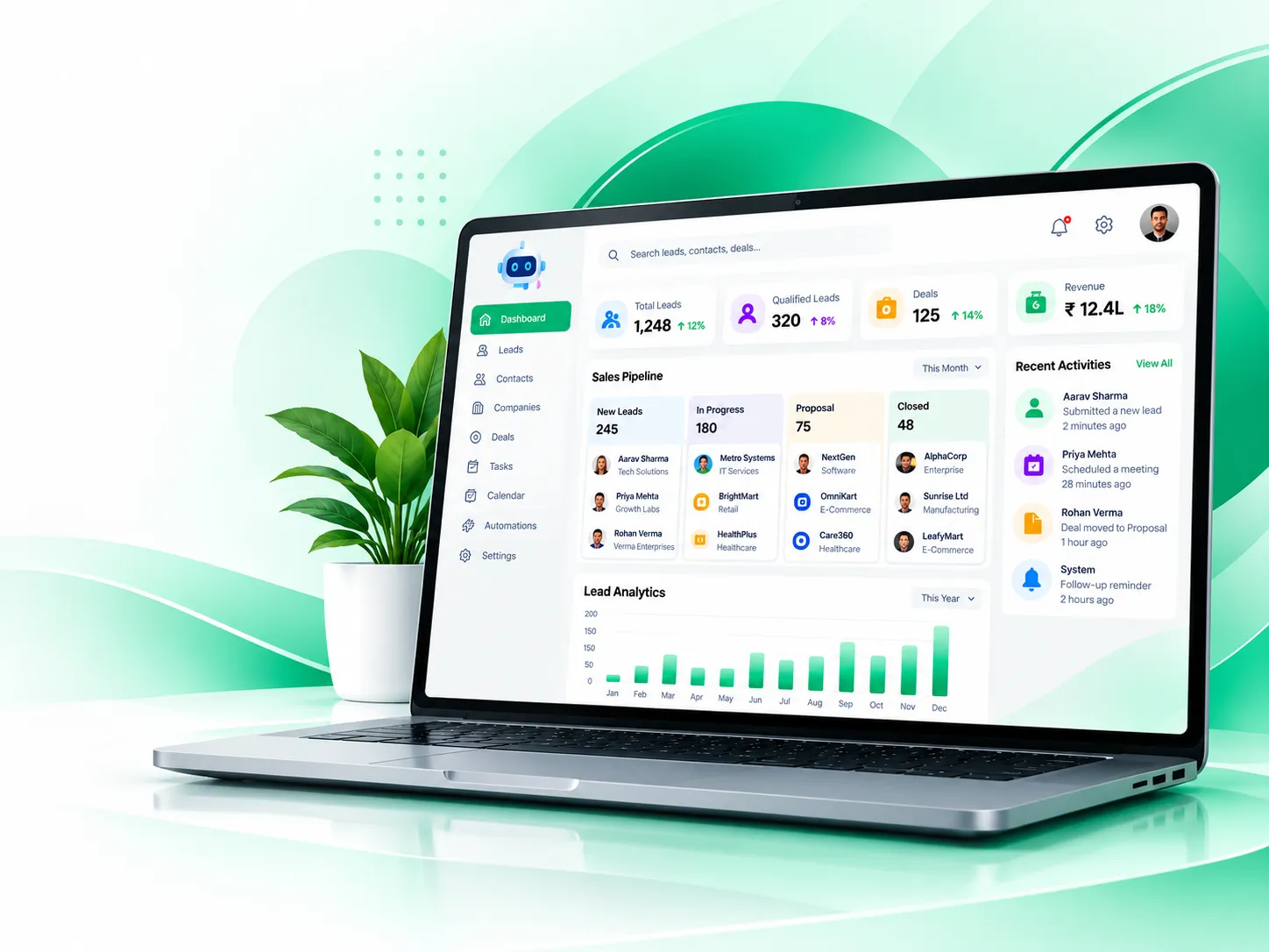 Leadsensy AI CRM dashboard on a laptop showing leads, sales pipeline, recent activities and lead analytics