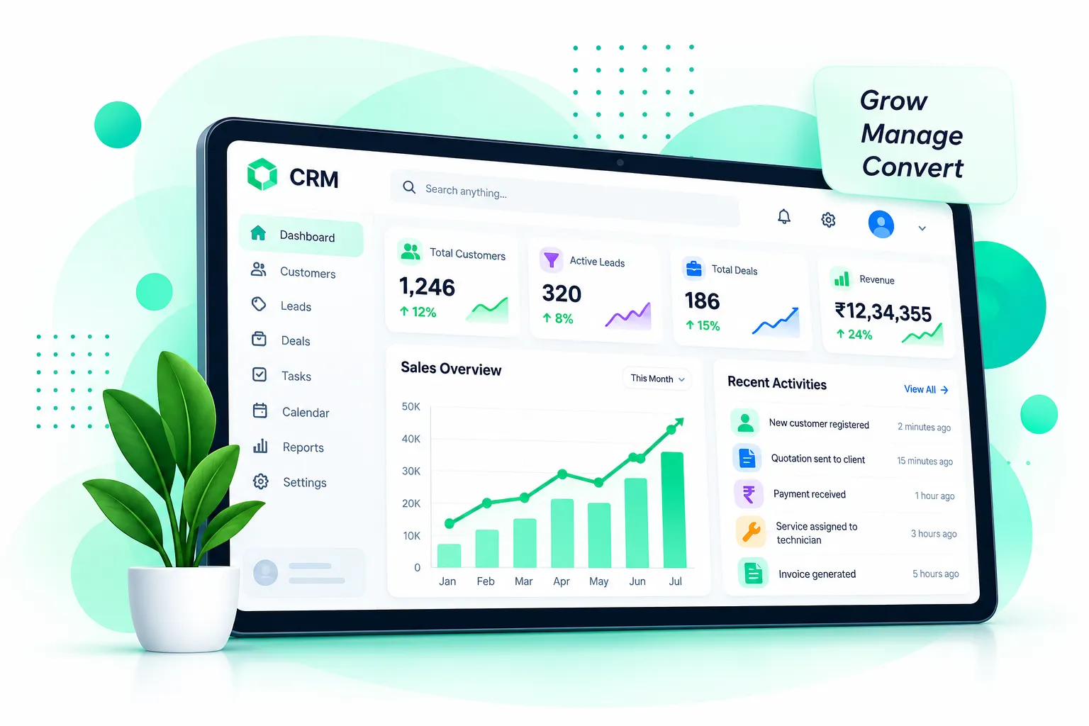 Custom CRM dashboard with customers, leads, deals, revenue and sales overview