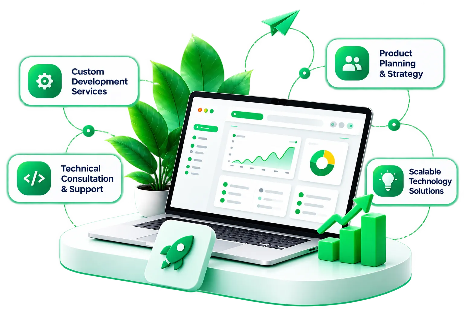 CodeTrex services around a laptop: custom development, product planning and strategy, technical consultation and support, scalable technology solutions