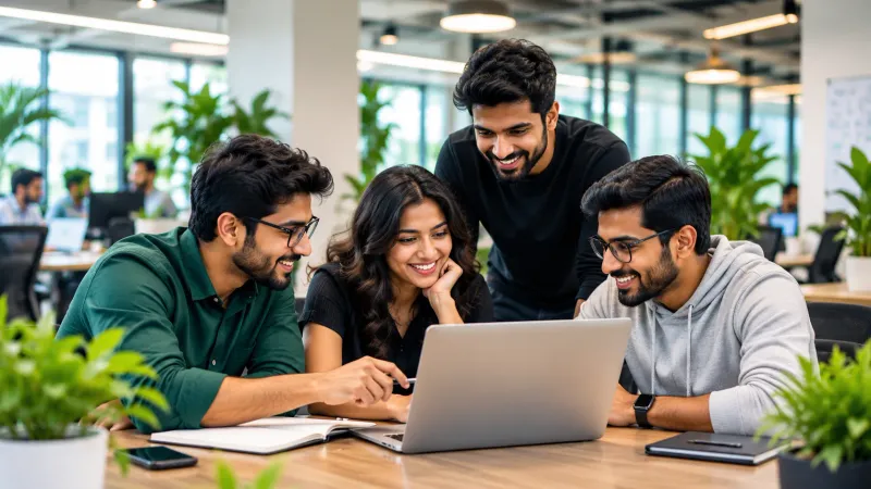 Team members working together on a laptop